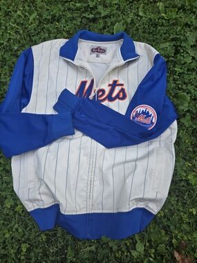 New York Mets Vintage Pinstripe Jacket - Blue & White SIZE XL